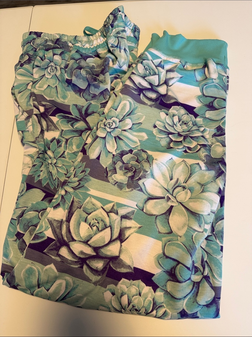 LuLaRoe Teal Succulent Print Track Joggers